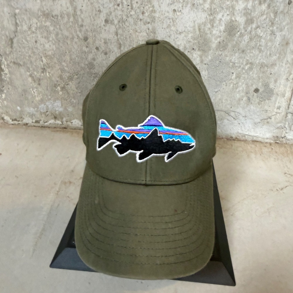 Patagonia Fitz Roy Trout Trucker Hat Olive Green Embroidered Fishing Cap Mens